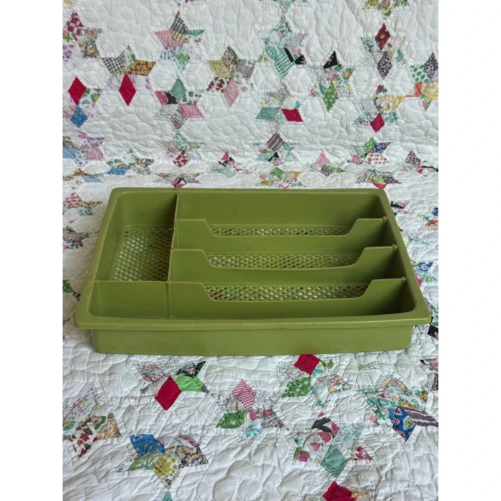 Vintage Avocado Green Plastic Silverware Tray 5 Compartment Drawer Organizer MCM